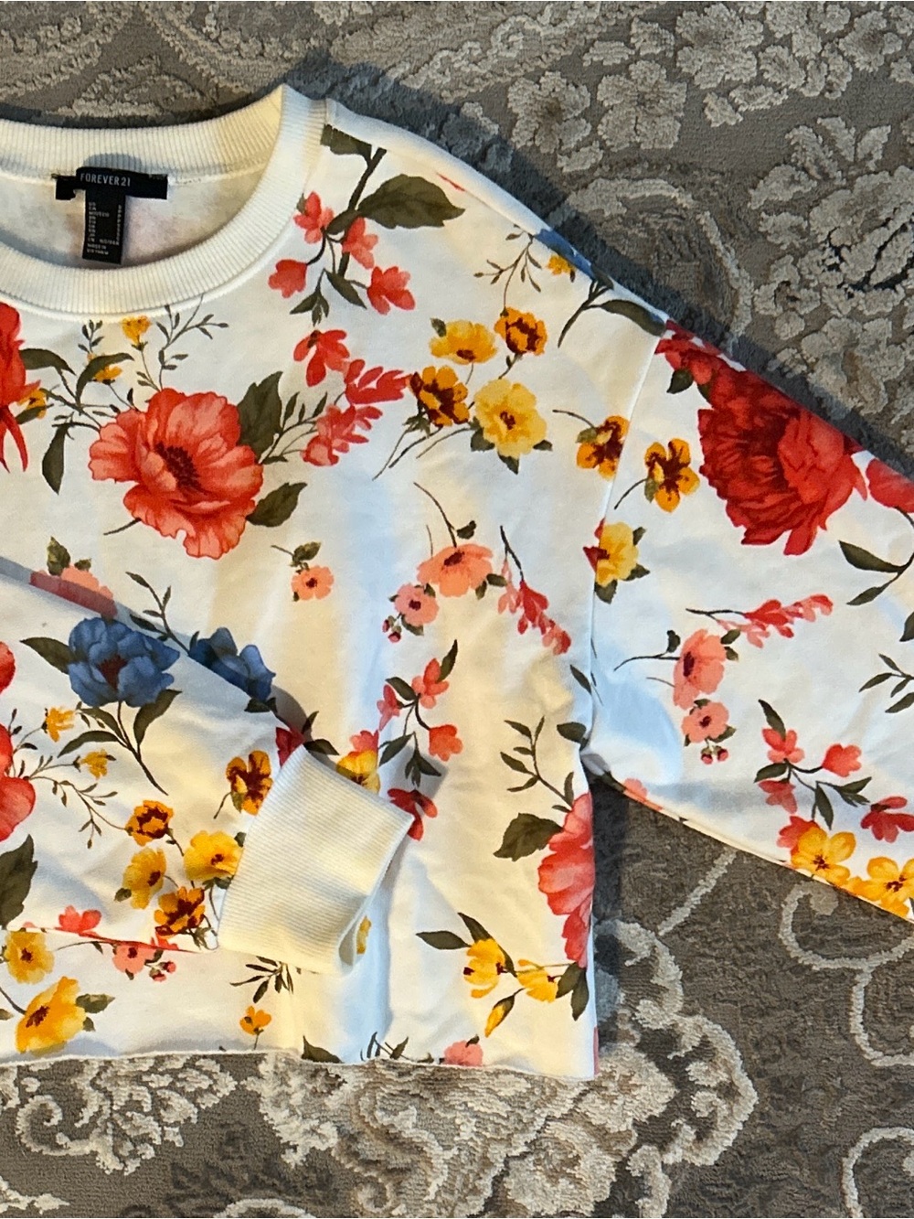 Forever 21 Cream Floral Crewneck Sweatshirt with Red, Yellow & Blue Flowers
